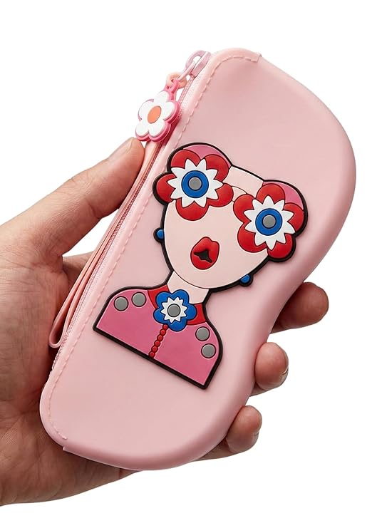 Opti Flair Quirky Pink Silicone Eyeglass Case for Women & Kids | Cute Floral Design Soft Sunglasses Pouch with Zipper & Flower Charm | Lightweight Protective Travel Pouch for Spectacles