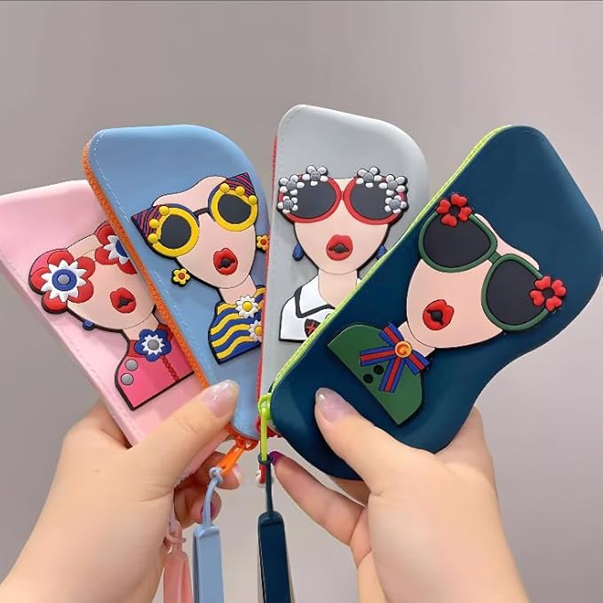 Opti Flair Quirky Pink Silicone Eyeglass Case for Women & Kids | Cute Floral Design Soft Sunglasses Pouch with Zipper & Flower Charm | Lightweight Protective Travel Pouch for Spectacles