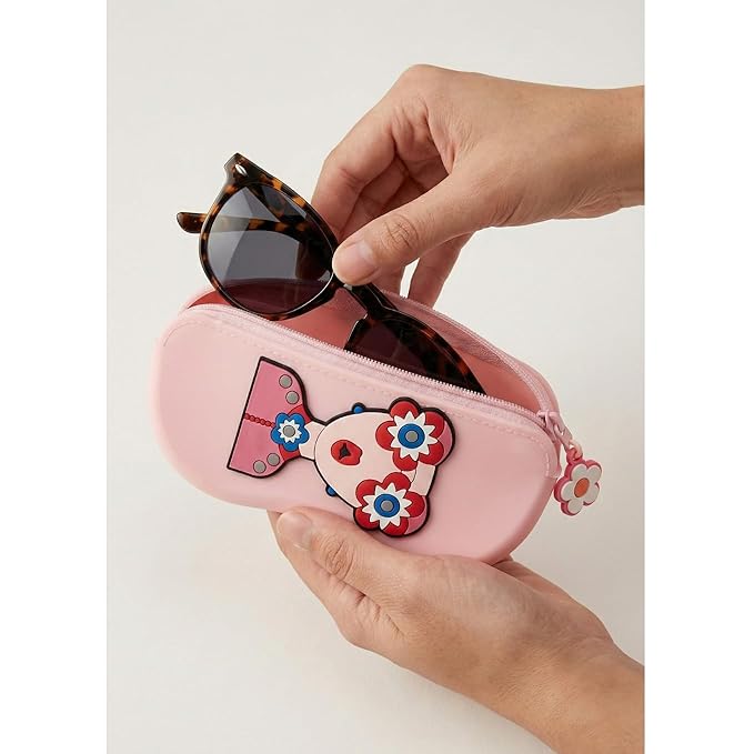 Opti Flair Quirky Pink Silicone Eyeglass Case for Women & Kids | Cute Floral Design Soft Sunglasses Pouch with Zipper & Flower Charm | Lightweight Protective Travel Pouch for Spectacles