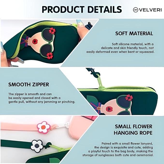 Opti Flair Quirky Pink Silicone Eyeglass Case for Women & Kids | Cute Floral Design Soft Sunglasses Pouch with Zipper & Flower Charm | Lightweight Protective Travel Pouch for Spectacles